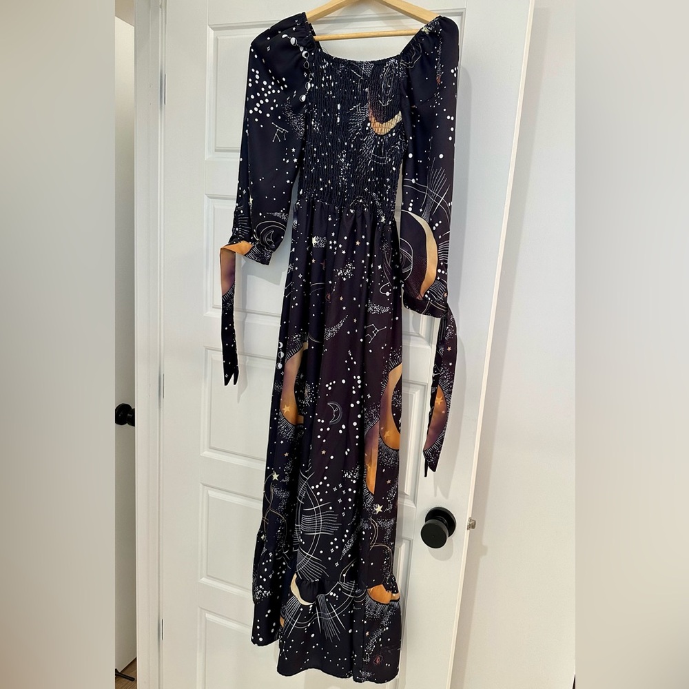 Women's Black Maxi Dress with Gold Moon Print